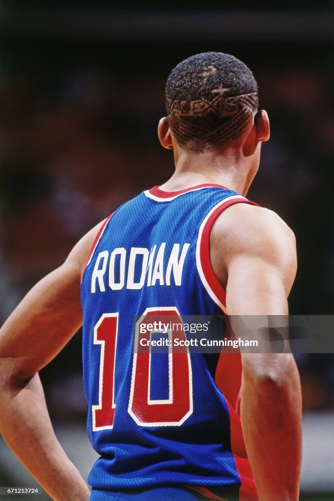 Detroit Rodman Dennis Rodman of the Detroit Pistons looks on against the Atlanta ...