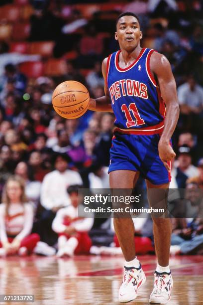 Isiah Thomas of the Detroit Pistons dribbles against the Atlanta Hawks during a game played circa 1990 at the Omni in Atlanta, Georgia. NOTE TO USER:...