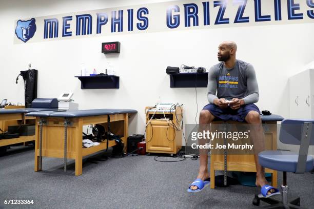 Vince Carter of the Memphis Grizzlies in the training before the game against the San Antonio Spurs during Game Three of the Western Conference...