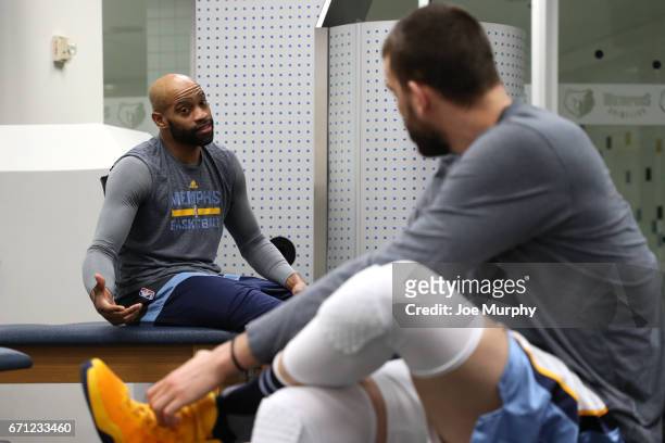 Vince Carter of the Memphis Grizzlies in the training before the game against the San Antonio Spurs during Game Three of the Western Conference...