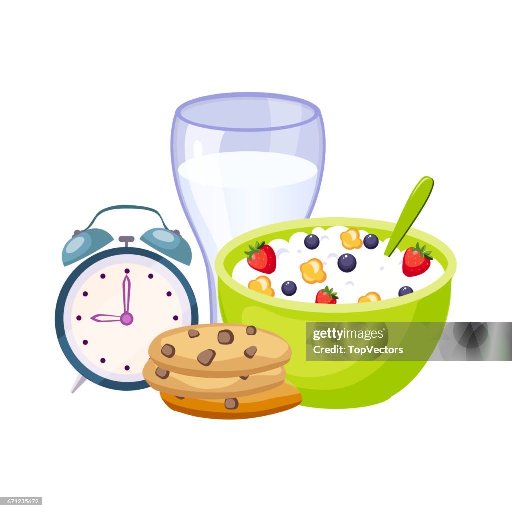 Breakfast Meal With Milk Cereals And Clock Set Of School And Education ...