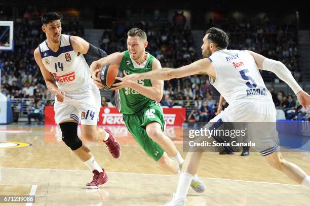Dairis Bertans, #45 guard of Darussafaka Dogus Istanbul and Rudy Fernandez, #5 guard of Real Madrid during the 2016/2017 Turkish Airlines Euroleague...