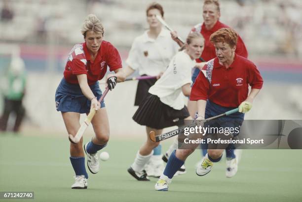 View of play in the semi final match between Germany and Great Britain, with Jane Sixsmith of Great Britain and another Great Britain player...