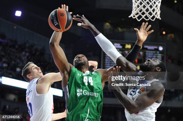 Marcus Slaughter, #44 forward of Darussafaka Dogus Istanbul and Othello Hunter, #21 center of Real Madrid during the 2016/2017 Turkish Airlines...