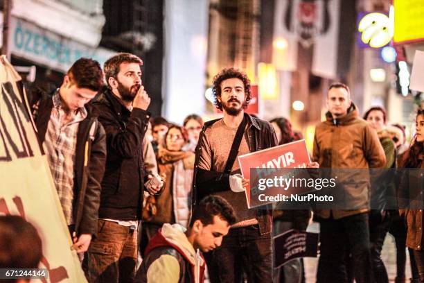 Protesters march hundreds the Besiktas neighborhood of Istanbul on April 21, 2017. People marched in opposition to perceived voting irregularities in...