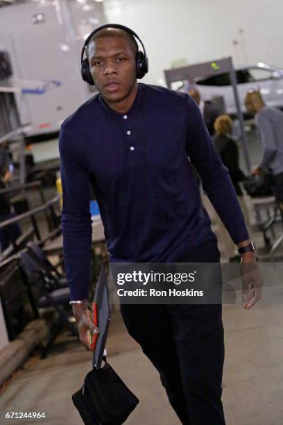 James Jones of the Cleveland Cavaliers arrives at Bankers Life Fieldhouse before Game Three of the Eastern Conference Quarterfinals against the...