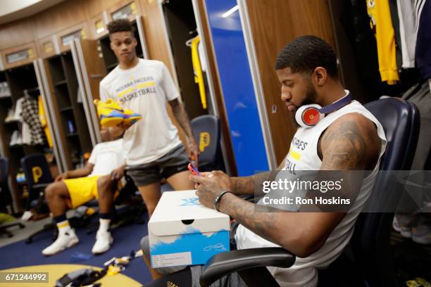 Paul George of the Indiana Pacers gets ready before Game Three of the Eastern Conference Quarterfinals against the Cleveland Cavaliers during the...