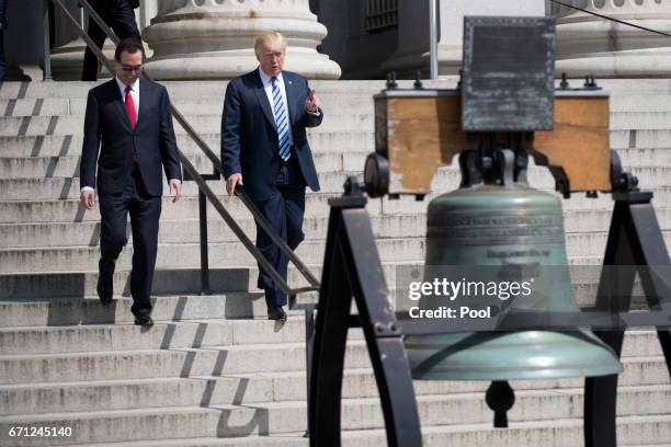 President Donald J. Trump and Secretary of Treasury Steven Mnuchin walk down the steps of the Treasury Department after a financial services...