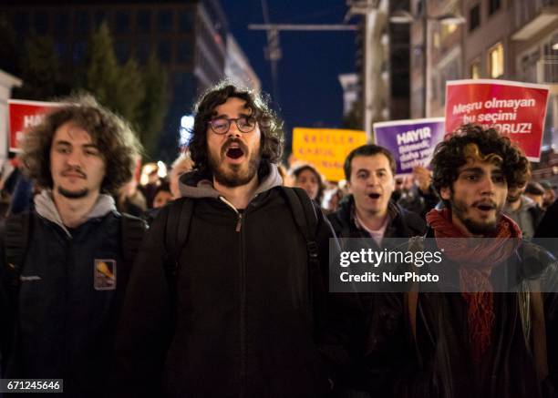 Protesters march hundreds the Besiktas neighborhood of Istanbul on April 21, 2017. People marched in opposition to perceived voting irregularities in...
