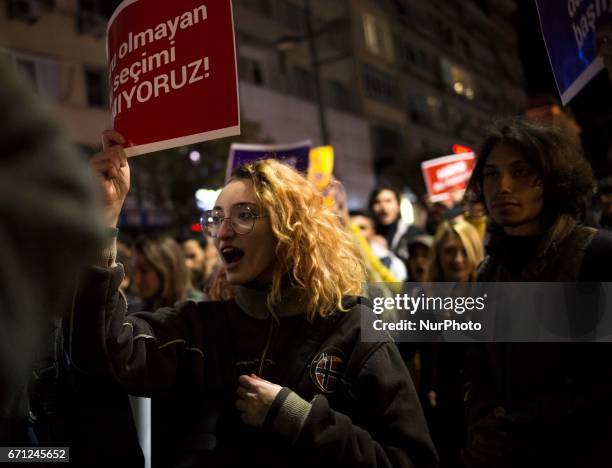 Protesters march hundreds the Besiktas neighborhood of Istanbul on April 21, 2017. People marched in opposition to perceived voting irregularities in...