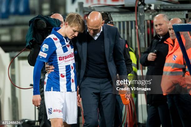 Martin Odegaard of sc Heerenveen and coach Jurgen Streppel of sc Heerenveenduring the Dutch Eredivisie match between sc Heerenveen and Willem II at...