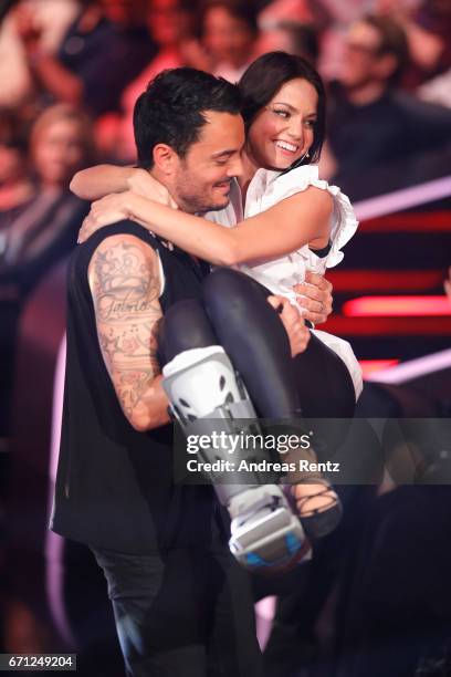 Giovanni Zarrella with injured Christina Luft during the 5th show of the tenth season of the television competition 'Let's Dance' on April 21, 2017...