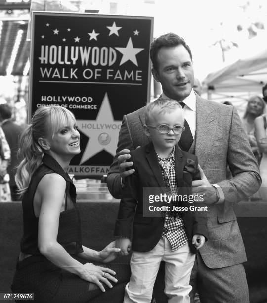 Actor Anna Faris, Jack Pratt and actor Chris Pratt at the Chris Pratt Walk Of Fame Star Ceremony on April 21, 2017 in Hollywood, California.
