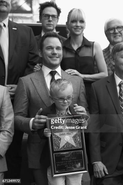 Writer/director James Gunn, actors Anna Faris, Chris Pratt and Jack Pratt at the Chris Pratt Walk Of Fame Star Ceremony on April 21, 2017 in...