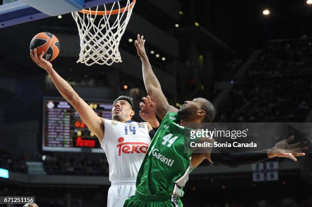 Gustavo Ayon, #14 center of Real Madrid and Marcus Slaughter, #44 forward of Darussafaka Dogus Istanbul during the 2016/2017 Turkish Airlines...