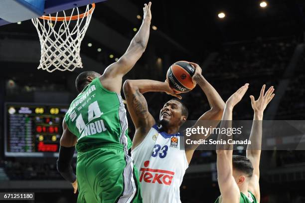 Trey Thompkins, #33 center of Real Madrid and Marcus Slaughter, #44 forward of Darussafaka Dogus Istanbul during the 2016/2017 Turkish Airlines...