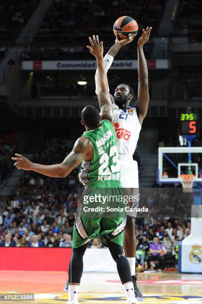 Othello Hunter, #21 center of Real Madrid and James Anderson, #23 forward of Darussafaka Dogus Istanbul during the 2016/2017 Turkish Airlines...
