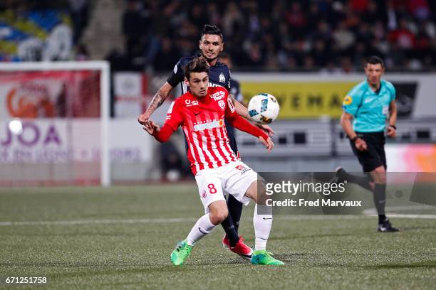 Vincent Marchetti of Nancy and Remy Cabella of Marseille during the Ligue 1 match between AS Nancy-Lorraine and Olympique de Marseille at Stade...