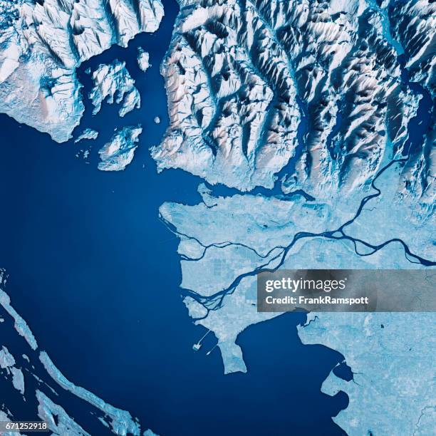 vancouver 3d render satellite view topographic map blue - canada coastline stock pictures, royalty-free photos & images