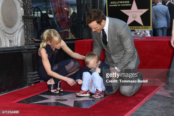Anna Faris, Jack Pratt and Chris Pratt attend a Ceremony Honoring Chris Pratt With Star On The Hollywood Walk Of Fame on April 21, 2017 in Hollywood,...