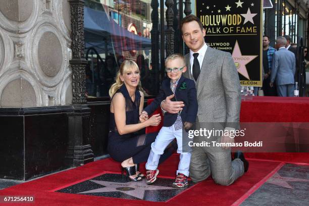 Anna Faris, Jack Pratt and Chris Pratt attend a Ceremony Honoring Chris Pratt With Star On The Hollywood Walk Of Fame on April 21, 2017 in Hollywood,...