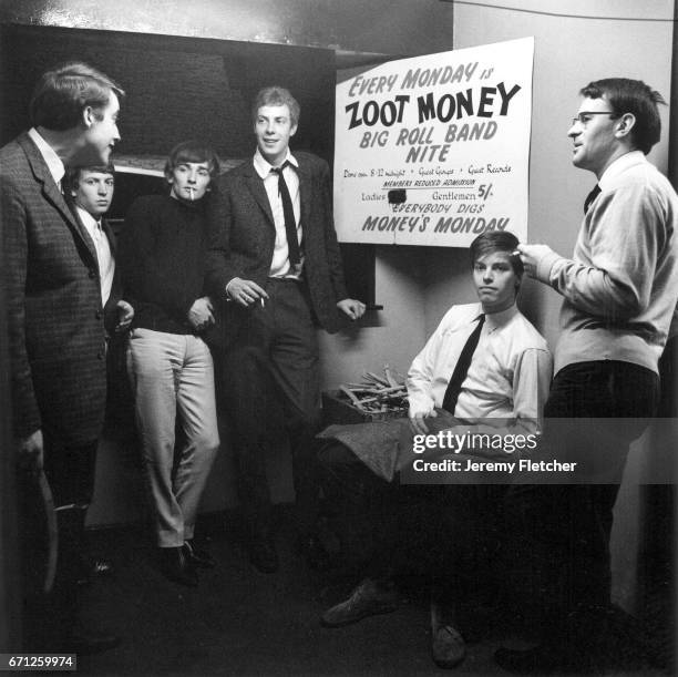 Zoot Money's Big Roll band backstage at the Flamingo Club, Soho, London, 25th May 1964. Zoot Money is far left, future Police guitarist Andy Summers...