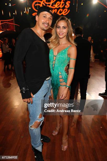 Sergiu Luca and Ann-Kathrin Broemmel pose after the 5th show of the tenth season of the television competition 'Let's Dance' on April 21, 2017 in...