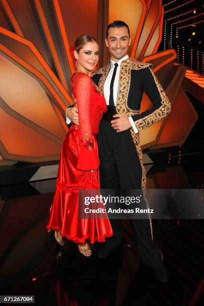 Cheyenne Pahde and Andrzej Cibis pose after the 5th show of the tenth season of the television competition 'Let's Dance' on April 21, 2017 in...