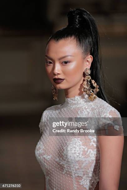 Model walks the runway at the Berta Runway show during New York Fashion Week: Bridal April 2017 at The Plaza Hotel on April 21, 2017 in New York City.