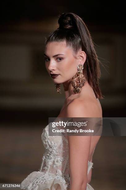 Model walks the runway at the Berta Runway show during New York Fashion Week: Bridal April 2017 at The Plaza Hotel on April 21, 2017 in New York City.