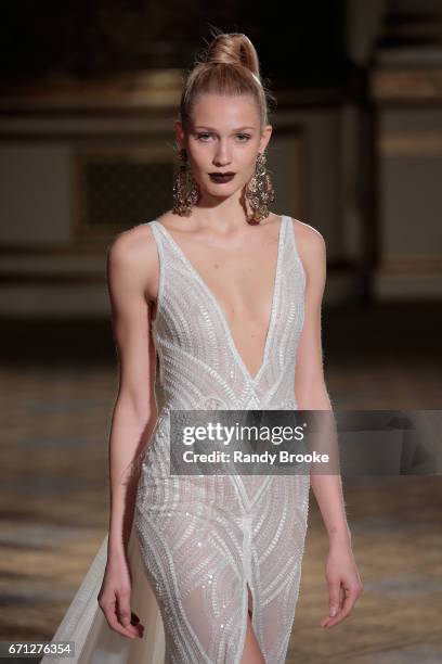 Model walks the runway at the Berta Runway show during New York Fashion Week: Bridal April 2017 at The Plaza Hotel on April 21, 2017 in New York City.