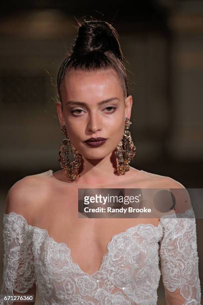 Model walks the runway at the Berta Runway show during New York Fashion Week: Bridal April 2017 at The Plaza Hotel on April 21, 2017 in New York City.