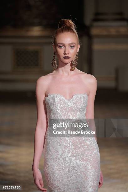 Model walks the runway at the Berta Runway show during New York Fashion Week: Bridal April 2017 at The Plaza Hotel on April 21, 2017 in New York City.