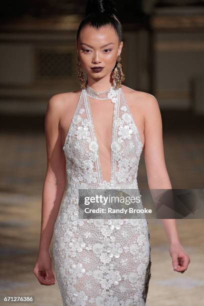 Model walks the runway at the Berta Runway show during New York Fashion Week: Bridal April 2017 at The Plaza Hotel on April 21, 2017 in New York City.