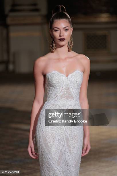 Model walks the runway at the Berta Runway show during New York Fashion Week: Bridal April 2017 at The Plaza Hotel on April 21, 2017 in New York City.