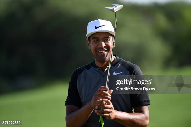 Tony Finau reacts to his biride putt during the second round of the Valero Texas Open at TPC San Antonio AT&T Oaks Course on April 21, 2017 in San...