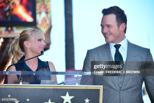 Actor Chris Pratt looks at his wife, actress Anna Faris, speaking at his Hollywood Walk of Fame Star ceremony on April 21, 2017 in Hollywood,...