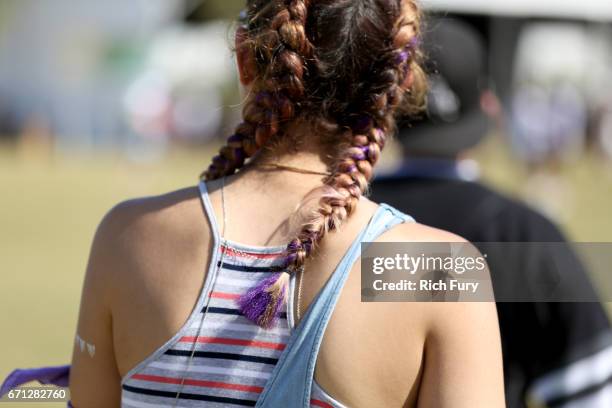 Purple braided hair detail of a festivalgoer during day 1 of the 2017 Coachella Valley Music & Arts Festival at the Empire Polo Club on April 21,...