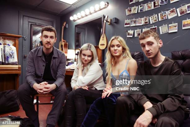 Episode 0659 -- Pictured: Jack Patterson, Grace Chatton from "Clean Bandit" with Zara Larsson and Luke Patterson from "Clean Bandit" on April 21,...