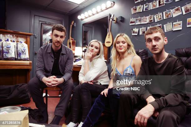 Episode 0659 -- Pictured: Jack Patterson, Grace Chatton from "Clean Bandit" with Zara Larsson and Luke Patterson from "Clean Bandit" on April 21,...