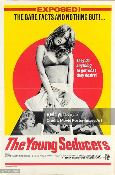 Image contains suggestive content.)A poster for the German pornographic film 'The Young Seducers', , starring Ingrid Steeger, 1971.