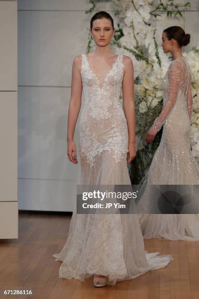 Models walk the runway at the Monique Lhuillier Spring 2018 Bridal show at Carnegie Hall on April 21, 2017 in New York City.