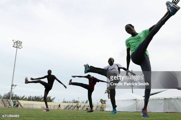 The Athlete Refugee Team practices prior to the IAAF / BTC World Relays Bahamas 2017 at the Thomas Robinson Stadium on April 21, 2017 in Nassau,...