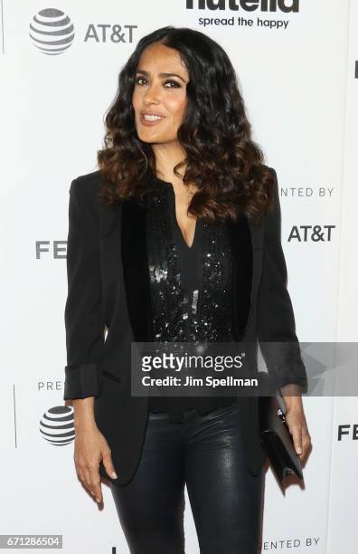 Actress Salma Hayek attends the Shorts Program: New York - Group Therapy during the 2017 Tribeca Film Festival at Regal Battery Park Cinemas on April...