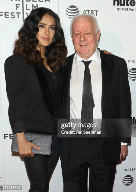 Actress Salma Hayek and director Jim Sheridan attend the Shorts Program: New York - Group Therapy during the 2017 Tribeca Film Festival at Regal...