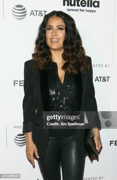 Actress Salma Hayek attends the Shorts Program: New York - Group Therapy during the 2017 Tribeca Film Festival at Regal Battery Park Cinemas on April...