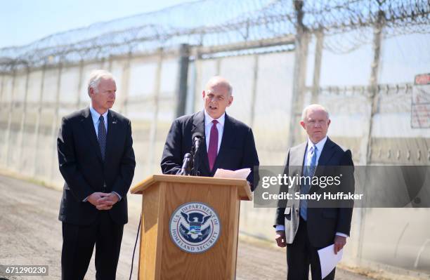 Department of Homeland Security John Kelly and Attorney General Jeff Session speak to the media during a tour of the border and immigrant detention...