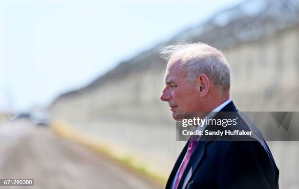 Department of Homeland Security John Kelly prepares to speak to the media during a tour of the border and immigrant detention operations at Brown...