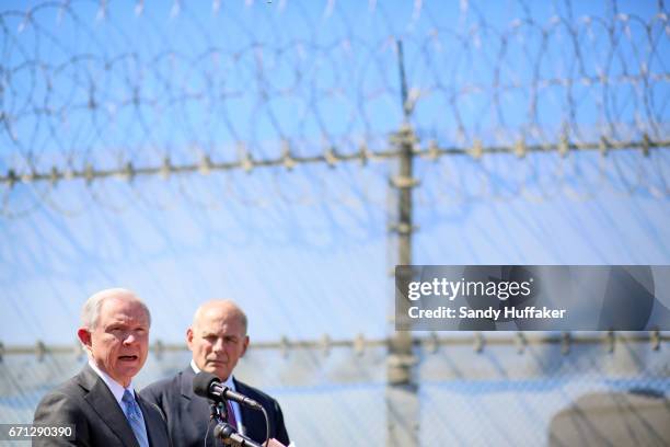 Department of Homeland Security John Kelly and Attorney General Jeff Session speak to the media during a tour of the border and immigrant detention...