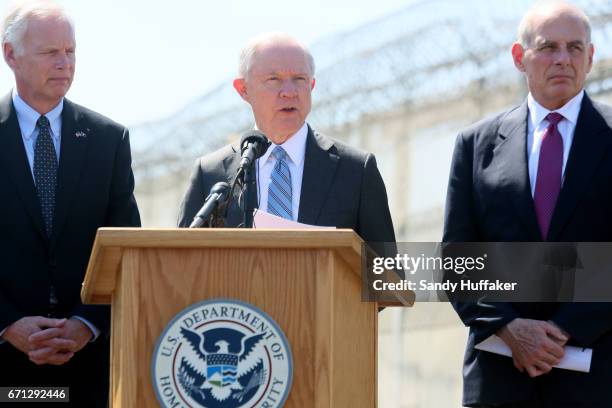 Department of Homeland Security John Kelly and Attorney General Jeff Session speak to the media during a tour of the border and immigrant detention...